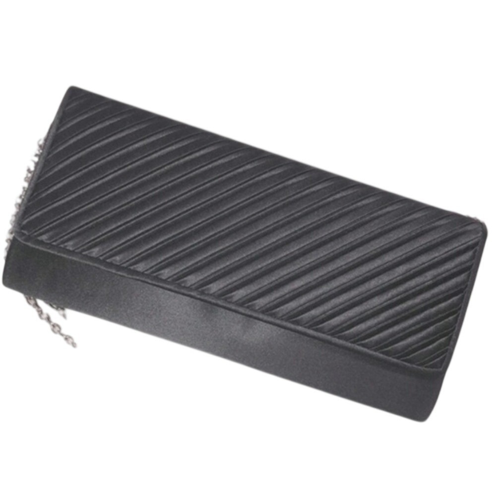 Tudor Pleated Satin Evening Clutch Chain‎ Strap Black Womens OS